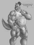  anthro balls_outline biceps big_penis blush bulge canid canine canis clothed clothing dialogue domestic_dog english_text facial_scar fangs fur genital_outline genitals grey_background hair hi_res himbo_hooters hunnipanda male mammal midriff musclegut muscular muscular_anthro muscular_male offscreen_character penis penis_base penis_outline ponytail quads scar shirt simple_background solo speech_bubble tank_top text tokyo_afterschool_summoners topwear video_games yasuyori 