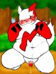  3:4 anthro balls belly blush bodily_fluids claws cum flaccid foreskin forest fupa fur genital_fluids genitals hi_res male marumaru_hh navel nintendo outside overweight pebis penis plant pok&eacute;mon pok&eacute;mon_(species) tree video_games white_body white_fur zangoose 