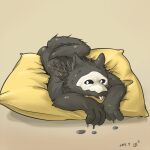  1:1 2018 4_fingers ambiguous_gender anthro black_body black_fur blep canid canine canis changed_(video_game) fingers fur looking_at_viewer lying mammal mask on_front pillow puro_(changed) slime solo tongue tongue_out untaggable_artist wet white_eyes wolf 