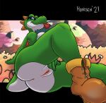  anthro anus bodily_fluids boots breasts butt clothing drooling female footwear genital_fluids genitals green_body green_skin horsen looking_at_viewer mario_bros multicolored_body nintendo pussy pussy_juice saliva solo spikes tongue two_tone_body video_games yoshi 