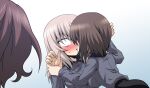  3girls akaboshi_koume arm_grab bangs blue_background blush brown_hair commentary constricted_pupils dress_shirt eyebrows_visible_through_hair food food_in_mouth girls_und_panzer gradient gradient_background grey_shirt highres insignia itsumi_erika kamishima_kanon kuromorimine_school_uniform leaning_forward long_sleeves looking_at_another medium_hair mouth_hold multiple_girls nishizumi_maho pocky pocky_kiss redrawn school_uniform shirt short_hair silver_hair tearing_up wavy_hair wing_collar 