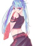  1girl absurdres bangs bare_shoulders black_pants black_shirt blue_eyes blue_hair colored_eyelashes colored_tips crop_top ezaki_hiyori from_behind hatsune_miku highres long_hair looking_at_viewer looking_back pants red_eyelashes shirt skirt solo twintails very_long_hair vocaloid white_background 