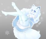  absurd_res alolan_vulpix anthro armwear blasticussaturn blue_eyes bow clothing dress elbow_gloves female fur genitals gloves hair handwear hi_res inner_ear_fluff leggings legwear looking_at_viewer nintendo open_mouth pok&eacute;mon pok&eacute;mon_(species) pussy regional_form_(pok&eacute;mon) signature simple_background snowflake solo thigh_highs tuft upskirt video_games white_body white_fur white_hair 