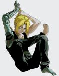  1boy ahoge arms_up barefoot belt black_pants black_tank_top blonde_hair edward_elric fosfatale full_body fullmetal_alchemist grey_background highres leg_up looking_up male_focus mechanical_arms mechanical_legs pants short_hair simple_background single_mechanical_arm single_mechanical_leg sitting solo tank_top tying_hair yellow_eyes 