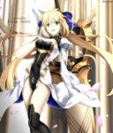  1girl :d ahoge artoria_pendragon_(all) artoria_pendragon_(caster)_(fate) bangs black_legwear blonde_hair blurry blurry_background breasts character_name cleavage copyright_name dress fate/grand_order fate_(series) floating_hair foo_(pixiv54892036) green_eyes hair_between_eyes highres holding holding_weapon long_hair long_sleeves looking_at_viewer medium_breasts open_mouth shiny shiny_hair shrug_(clothing) smile solo standing thighhighs twitter_username very_long_hair weapon 