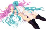  2girls :d arm_around_waist arm_behind_head armpits black_legwear blue_eyes blue_hair breasts butt_crack eye_contact groin hair_over_breasts hair_over_one_eye hatsune_miku highres koba_(furikake-p) large_breasts long_hair looking_at_another lying megurine_luka multiple_girls on_back on_stomach open_mouth panties pink_hair purple_panties shiny shiny_hair shirt side-tie_panties simple_background sleeveless sleeveless_shirt smile striped striped_panties thighhighs topless twintails underwear untied untied_panties very_long_hair vocaloid white_background white_shirt yuri 