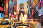  1girl absurdres bangs black_choker black_legwear black_shorts building calico_m950 car choker city cloud evening eyebrows_visible_through_hair giant giantess girls_frontline gradient_sky green_hair ground_vehicle gun highres holding holding_gun holding_weapon huge_filesize jewelry long_hair m950a_(girls_frontline) messy_hair motor_vehicle necklace nighttsound open_fly open_mouth orange_sky road short_shorts shorts sky smile solo standing street submachine_gun sunset taxi thighhighs traffic_light unzipped weapon yellow_eyes 