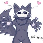  &lt;3 1:1 4_fingers ambiguous_gender anthro black_body black_fur canid canine canis changed_(video_game) fingers fur hug looking_at_viewer low_res mammal mask navel pawpads paws puro_(changed) rivrice simple_background solo white_background wolf 