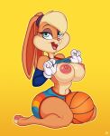  2021 4_fingers anthro areola ball basketball_(ball) basketball_uniform big_breasts blonde_hair blue_eyes bottomwear breasts clothed clothing clothing_lift daxzor digital_media_(artwork) eyelashes female fingers gloves hair handwear lagomorph leporid lola_bunny looking_at_viewer looney_tunes mammal nipples open_mouth pawpads pink_nipples rabbit shirt shirt_lift shorts signature simple_background solo sportswear topwear uniform warner_brothers 