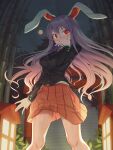  1girl absurdres animal_ears blazer breasts bunny_ears full_moon goback highres huge_filesize jacket long_hair long_sleeves looking_at_viewer medium_breasts moon night night_sky orange_skirt outdoors purple_hair red_eyes reisen_udongein_inaba skirt sky solo stairs standing thighs torii touhou 