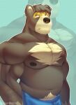  2021 animal_crossing anthro bottomwear brown_body brown_fur clothing fur hi_res ike_(animal_crossing) male mammal musclegut nintendo nipples pants solo sush1d0g3 ursid video_games 