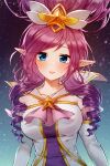  1girl :d bangs blue_eyes breasts collarbone detached_sleeves drill_hair eyebrows_visible_through_hair gradient gradient_background hair_ornament highres janna_(league_of_legends) large_breasts league_of_legends long_hair looking_at_viewer pointy_ears shrimp_cake smile solo star_(symbol) star_guardian_(league_of_legends) star_guardian_janna star_hair_ornament twin_drills upper_body white_sleeves 