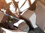  close-up demonbane demonbane_(mecha) dust_particles glowing glowing_eyes highres kuri_giepi mecha no_humans portrait profile red_eyes 