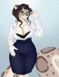  anthro big_breasts black_hair breasts cleavage clothed clothing dress eyewear felid female fur glasses hair hair_bun looking_at_viewer low_res mammal pantherine shirt simple_background snow_leopard solo spots spotted_body spotted_fur topwear unknown_artist 