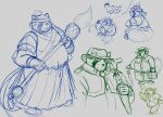  2021 anthro blush canid canine canis clothed clothing domestic_dog eyes_closed hat headgear headwear hi_res humanoid_hands live-a-hero male mammal mokdai overweight overweight_male raccoon_dog shoen sketch tanuki tanukikikis video_games 