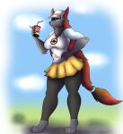  anthro arm_tuft big_breasts blue_eyes bottomwear breasts clothing curvy_figure elbow_tufts female fur grey_body grey_fur hair hand_on_hip hi_res holding_object leg_markings long_hair looking_at_viewer markings neck_tuft nintendo pok&eacute;mon pok&eacute;mon_(species) red_hair shirt simple_background skirt socks_(marking) solo standing topwear tuft video_games voluptuous zoroark 