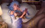  1girl airpods artist_name bangs bed bell black_bodysuit blue_hair bodystocking bodysuit breasts cellphone commentary cowbell desk_lamp detached_sleeves ganyu_(genshin_impact) genshin_impact goat_horns hand_on_own_face horns indoors kittew lamp long_hair medium_breasts phone purple_eyes sideboob smartphone smartphone_case solo white_sleeves 