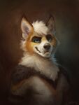  3:4 anthro black_nose blue_eyes canid canine canis domestic_dog ears_up fur hair hi_res hyaenid looking_at_viewer male mammal neutral_face orange_body orange_fur portrait solo teeth trunorth white_body white_fur white_hair 