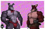  2021 abs angry animatronic anthro barazoku biceps big_bulge big_pecs black_eyes black_nose black_sclera bonnie_(fnaf) border bottomwear bow_tie bulge canid canine chest_tuft clothed clothing dogmanart duo ear_piercing ear_ring endoskeleton english_text exposed_endoskeleton eye_patch eyewear fangs five_nights_at_freddy&#039;s fox foxy_(fnaf) fur glowing glowing_eyes green_background hair half-closed_eyes hi_res hook hook_hand lagomorph leporid long_ears looking_at_viewer machine male mammal manly metal metal_hand metallic metallic_hands multicolored_body multicolored_fur muscular narrowed_eyes navel notched_tail orange_background pecs piercing pink_body pink_fur pirate presenting_bulge purple_background purple_body rabbit red_background red_body red_eyes red_fur red_hair red_tail robot robotic_hand sharp_teeth short_hair shorts simple_background smile speedo standing swimwear teeth text thick_thighs topless topless_anthro topless_male torn_body torn_clothing triceps tuft two_tone_body video_games white_border 