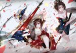  1girl 3girls absurdres bare_legs bare_shoulders bell black_hair breasts brown_hair cleavage collarbone fur-trimmed_kimono fur_trim geta hair_ornament hair_rings highres japanese_clothes jingle_bell kagura_(onmyoji) kimono large_breasts long_hair long_sleeves looking_at_viewer multiple_girls obi off-shoulder_kimono onmyoji parted_lips petals ponytail red_eyes red_kimono sash short_twintails sword thick_eyebrows thighhighs twintails ubume_(onmyoji) vardan weapon white_hair white_legwear wide_sleeves yellow_eyes youtouhime 
