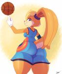  anthro basketball bigdon1992 blue_eyes breasts butt clothing female hi_res lagomorph leporid lola_bunny looking_at_viewer looking_back looney_tunes mammal rabbit side_boob solo space_jam tight_clothing warner_brothers 