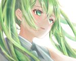  1girl aqua_neckwear bangs blush close-up eyebrows_visible_through_hair ezaki_hiyori green_eyes green_hair hatsune_miku light_particles long_hair necktie parted_lips portrait shirt solo vocaloid white_background white_shirt 