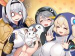  &gt;_&lt; 3girls :3 animal animal_costume animal_hood armadillo_ears armadillo_shell bird blonde_hair blush breasts chest_strap chinchilla_(animal) closed_mouth ella_of_the_sky empress_(last_origin) hair_between_eyes hair_through_headwear hairband hood huge_breasts last_origin long_hair multicolored_hair multiple_girls official_art open_mouth oppai_loli penguin penguin_costume penguin_hood saetti short_hair silver_hair smile streaked_hair tears thumbs_up twintails 