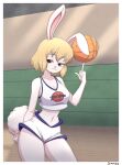  absurd_res anthro ball basketball_(ball) basketball_uniform blonde_hair bottomwear carrot_(one_piece) clothing cosplay crop_top crossover crossover_cosplay female fluffy fluffy_tail hair hi_res lagomorph leporid lola_bunny looney_tunes mammal midriff minkmen_(one_piece) navel one_piece rabbit shirt shorts simmsyboy solo space_jam sportswear topwear uniform warner_brothers 