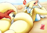  ? absurd_res anus beach biobrony breasts buttplug detailed_background digimon digimon_(species) female fur genitals green_eyes hi_res looking_back nude offscreen_hand outside pussy renamon seaside sex_toy sex_toy_in_ass yellow_body yellow_fur 