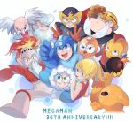  1girl 6+boys ^_^ albert_w_wily anniversary arm_cannon arm_up armor bald bangs bare_shoulders beard black_eyes black_sclera blade blonde_hair blue_coat blue_eyes blue_headwear blue_shirt blush blush_stickers bodysuit bomb bomberman_(rockman) boots breastplate chikichi child clenched_hand clenched_hands closed_eyes closed_mouth coat colored_sclera colored_skin commentary copyright_name cutman dress elecman english_commentary english_text everyone eyebrows_visible_through_hair facial_hair fire fireman from_behind fur-trimmed_hood fur_trim fuse gloves green_eyes grey_headwear grin gutsman hand_up hands_up happy helmet highres holding holding_bomb hood iceman jpeg_artifacts knee_boots labcoat lightning_bolt long_sleeves looking_back looking_up mask mixed-language_commentary mohawk multiple_boys mustache old old_man one-eyed open_mouth orange_gloves orange_skin outstretched_arm parka pointing ponytail red_dress red_eyes red_gloves red_hair rockman rockman_(character) rockman_(classic) roll_(rockman) scratching_head shiny shiny_skin shirt short_hair shoulder_armor sidelocks simple_background sleeveless sleeveless_dress smile spread_legs sweat teeth thomas_light tied_hair uneven_eyes v vambraces w weapon white_background white_bodysuit white_coat white_footwear white_gloves white_hair yellow_devil yellow_gloves yellow_headwear yellow_skin 