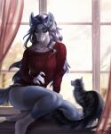  clothing curtains curtains_open domestic_cat ear_piercing eruca felid feline felis female fur hair hi_res hyaenid light long_hair mammal piercing purple_body purple_eyes purple_fur purple_hair red_clothing red_sweater red_topwear solo sunlight sweater topwear window window_seat 