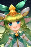  1girl :d artist_name bangs blue_eyes blush bow bowtie elbow_gloves eyebrows_visible_through_hair gloves gradient gradient_background green_background green_bow green_bowtie green_hair hair_ornament highres league_of_legends long_hair looking_at_viewer lulu_(league_of_legends) pointy_ears short_sleeves shrimp_cake smile solo star_(symbol) star_guardian_(league_of_legends) star_guardian_lulu star_hair_ornament starry_background teeth upper_body upper_teeth watermark white_gloves yordle 