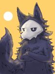  3:4 ambiguous_gender anthro black_body black_fur canid canine canis changed_(video_game) crossed_arms fur mammal mask nfnw puro_(changed) simple_background solo sun sunset wet white_eyes wolf yellow_background 