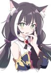  1girl animal_ear_fluff animal_ears black_hair cat_ears detached_sleeves eyebrows_visible_through_hair green_eyes ixy karyl_(princess_connect!) long_hair looking_at_viewer low_twintails multicolored_hair open_mouth princess_connect! princess_connect!_re:dive simplified_chinese_text solo streaked_hair twintails upper_body white_background white_hair 