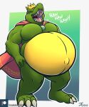  2018 3_toes 4_fingers anthro artist_name belly belly_overhang biceps big_belly biped bottomless cape cape_only claws clothed clothing crocodile crocodilian crocodylid crown dated digital_media_(artwork) donkey_kong_(series) eyes_closed fangs feet fingers full-length_portrait green_body green_scales hands_on_hips hi_res king king_k._rool kremling laugh male mostly_nude musclegut muscular muscular_anthro muscular_male navel nintendo obese obese_anthro obese_male open_mouth open_smile outie_navel overweight overweight_anthro overweight_male pecs plantigrade portrait quads reptile royalty scales scalie sharp_teeth signature simple_background smile solo tanio teeth toe_claws toes tongue uvula video_games watermark white_claws 