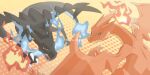  artist_name breathing_fire charizard claws commentary_request fangs fire flame gen_1_pokemon hamhsi_miyar looking_back mega_charizard_x mega_charizard_y mega_pokemon no_humans open_mouth pokemon pokemon_(creature) red_eyes tongue watermark 