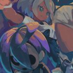  1boy 1girl ahoge allister_(pokemon) bangs bea_(pokemon) black_bodysuit black_hairband bodysuit bodysuit_under_clothes closed_mouth covered_navel dark_skin dark_skinned_female eyelashes frown grey_eyes grey_hair gym_leader hairband highres knee_pads mask pokemon pokemon_(game) pokemon_swsh purple_eyes reiesu_(reis) shirt short_hair short_sleeves shorts tied_shirt 