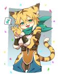  2020 5_fingers anthro armor armwear blonde_hair blush bracers breasts brown_body brown_fur brown_hair claws clothed clothing eyebrows felid female finger_claws fingers fur green_eyes hair half-closed_eyes hands_together hi_res inner_ear_fluff kemono looking_at_viewer mammal mia_(world_flipper) multicolored_body multicolored_fur multicolored_hair narrowed_eyes neckerchief open_mouth open_smile pantherine satchel short_hair smile solo tiger tongue tuft white_body white_fur white_hair world_flipper yamame513 yellow_body yellow_fur 