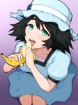  1girl afrobull artist_name banana bangs black_hair blue_dress blush breasts collarbone dress english_commentary food from_above fruit gradient gradient_background green_eyes hat holding holding_food holding_fruit licking looking_at_viewer medium_breasts open_mouth pink_background puffy_sleeves sexually_suggestive shiina_mayuri short_hair short_sleeves sitting smile solo steins;gate tongue tongue_out upper_teeth white_headwear 