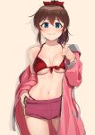  1girl bangs bikini blue_eyes blush breasts brown_hair collarbone cowboy_shot hair_ribbon idolmaster idolmaster_million_live! idolmaster_million_live!_theater_days jacket kamille_(vcx68) long_hair medium_breasts navel open_clothes open_jacket ponytail red_bikini ribbon satake_minako shadow short_shorts shorts simple_background solo standing swimsuit undressing 