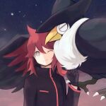  1boy bangs black_gloves bright_pupils closed_mouth commentary_request gen_4_pokemon gloves grey_eyes hair_between_eyes hand_up honchkrow jacket long_sleeves male_focus one_eye_closed pokemon pokemon_(creature) pokemon_adventures rakugakutari red_hair silver_(pokemon) smile 