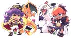  2boys bangs baseball_cap black_hoodie cape champion_uniform charizard chibi claw_pose commentary_request dark_skin dark_skinned_male duraludon dynamax_band earrings fire fur-trimmed_cape fur_trim gen_1_pokemon gen_8_pokemon gloves gym_leader hat highres hood hoodie jewelry leon_(pokemon) long_hair male_focus multiple_boys number open_mouth orange_headwear outline partially_fingerless_gloves pokemon pokemon_(creature) pokemon_(game) pokemon_swsh purple_hair raihan_(pokemon) rakugakutari red_cape shirt shoes short_sleeves shorts side_slit side_slit_shorts single_glove smile standing teeth tongue undercut white_legwear white_shorts yellow_eyes 