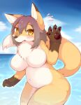  2021 4_fingers anthro big_breasts blush breasts brown_body brown_fur brown_hair brown_nose canid canine chest_tuft claws cloud cute_fangs day dipstick_ears dipstick_tail emanata featureless_breasts female fingers fluffy fox fur gesture gloves_(marking) hair hi_res kemono looking_at_viewer mammal markings multicolored_body multicolored_ears multicolored_fur multicolored_tail navel nude open_mouth outside pawpads portrait pupils sea shitsu_kushi-mono short_hair sky slit_pupils solo three-quarter_portrait tuft water waving white_body white_fur yellow_body yellow_eyes yellow_fur 