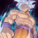  1boy abs dougi dragon_ball dragon_ball_super foreshortening from_below garrett_hanna large_pectorals male_focus muscular muscular_male nipples pants serious shirtless solo son_goku spiked_hair torn_clothes torn_pants ultra_instinct white_hair 