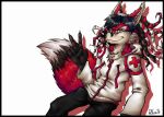  2016 anthro beard black_body black_fur black_hair black_nose canid canine clothed clothing cross digital_media_(artwork) ear_tuft facial_hair fox fur hair handwear headgear headwear hoodie lapfox_trax male mammal pseudo_hair red_body red_fur red_tail renard_queenston simple_background sitting smile solo spread_legs spreading tentacle_hair tentacles topwear tuft white_body white_clothing white_fur y0ku zipper 