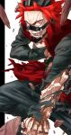  1boy 4o080_yotabnc boku_no_hero_academia clenched_teeth commentary_request hair_horns highres kirishima_eijirou male_focus pants red_eyes red_hair sharp_teeth solo spiked_hair teeth torn_clothes two-tone_background 