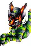  anthro black_hair canid canine claws clothed clothing ear_tuft fox hair hat headgear headwear jolokas lapfox_trax male mammal negaren open_mouth pseudo_hair simple_background solo stripes teeth tentacle_hair tentacles tongue tuft 