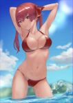  1girl absurdres afe. armpits arms_behind_head arms_up bikini blue_sky blurry blurry_background breasts cameltoe cleavage cloud collarbone contrapposto cowboy_shot day hair_ornament halterneck head_tilt heterochromia highres hololive houshou_marine large_breasts long_hair looking_at_viewer navel ocean outdoors parted_lips red_bikini red_eyes red_hair shiny shiny_hair sky solo standing summer swimsuit twintails virtual_youtuber wading yellow_eyes 