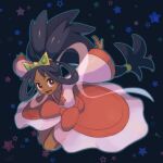  1girl bangs big_hair black_hair brown_eyes collarbone dark_skin dark_skinned_female dress full_body hair_rings hair_tie iris_(pokemon) long_hair long_sleeves looking_back open_mouth outline pokemon pokemon_(game) pokemon_bw2 reiesu_(reis) smile solo star_(symbol) tiara tied_hair tongue very_long_hair 