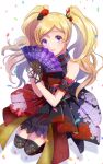  1girl absurdres bare_shoulders black_gloves black_legwear blonde_hair blurry closed_mouth commentary_request confetti depth_of_field emily_stewart eyebrows_visible_through_hair fan floral_print flower folding_fan gloves hair_flower hair_ornament highres idolmaster idolmaster_million_live! idolmaster_million_live!_theater_days japanese_clothes lace-trimmed_legwear lace_trim long_hair looking_at_viewer purple_eyes shadow simple_background smile solo thighhighs twintails white_background witoi_(roa) 